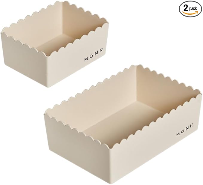 Desktop Storage Basket, 2-Pack, Decorative Scalloped Plastic Organizer, Kawaii Style (Light White, Large and Small)