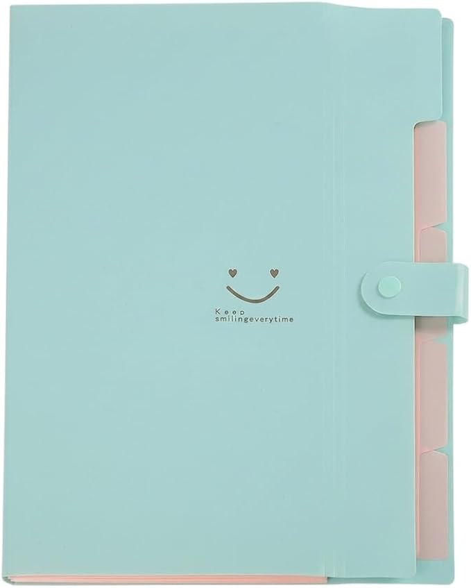 Smile face Expanding File Folder, 5 Pockets Plastic Document Organizer, A4 Letter Size Accordion Folder with Snap Closure, Portable Durable Paper Organizer for Home Office School (Green)