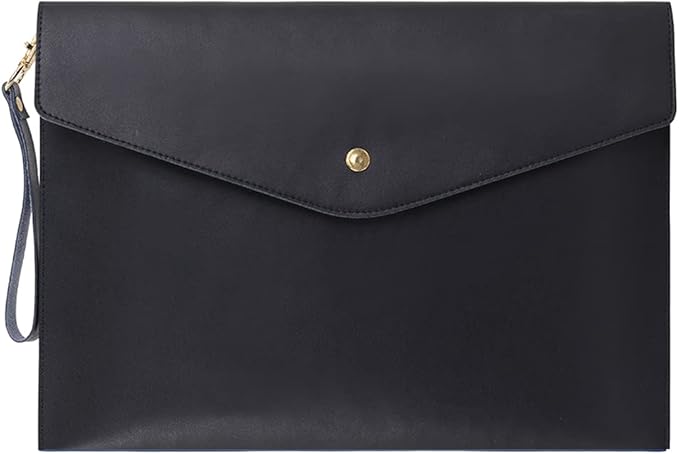 Wonderpool A4 Envelope File Holder -Lightweight Real Leather Multifunction Portfolio for Paper Document Stationery Organizer and Tablet Case PC Sleeve (Black)