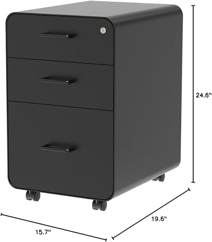 Monoprice Round Corner 3-Drawer File Cabinet - Black with Lockable Drawer - Workstream Collection, 3 Drawer (137876)
