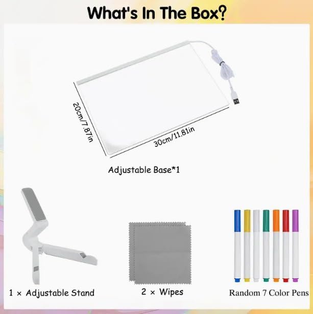 Led Note Board with Colors, 12"X8" Acrylic Dry Erase Board with Light, Light Up Dry Erase Board with Adjustable Stand, Led Board White Board with 7 Pen, Office Home Glow Rewritable Message Board.