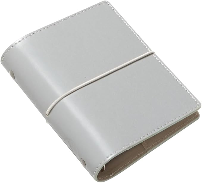 Filofax Domino Organizer, Pocket Size, Grey - Smooth, Leather-Look Grain Effect, Contrast Stitching, Six Rings, Week-to-View Calendar Diary, Multilingual, 2025 (C022611-25)