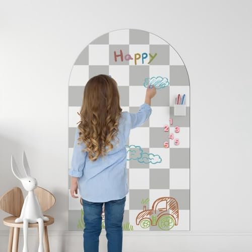 Magnetic Chalkboard Wall Decal 24''x40'' Arch - Removable Reusable Peel and Stick (No Wall Damage) Extra Strong Magnetism - Easy Clean Chalkboard for Home Office Playroom (Grey White Checker)