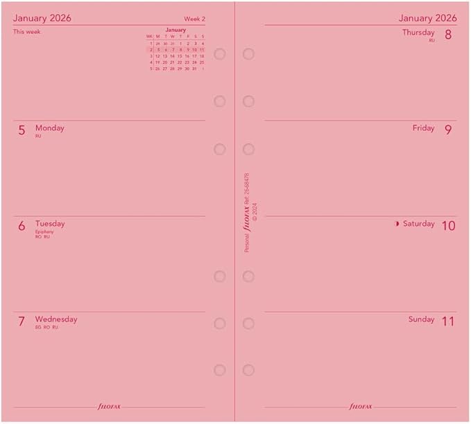 Filofax Calendar Diary Refill, Personal/Compact Size, Week-to-View, Pink Paper, Unruled, English, 2026 (C68478-26)