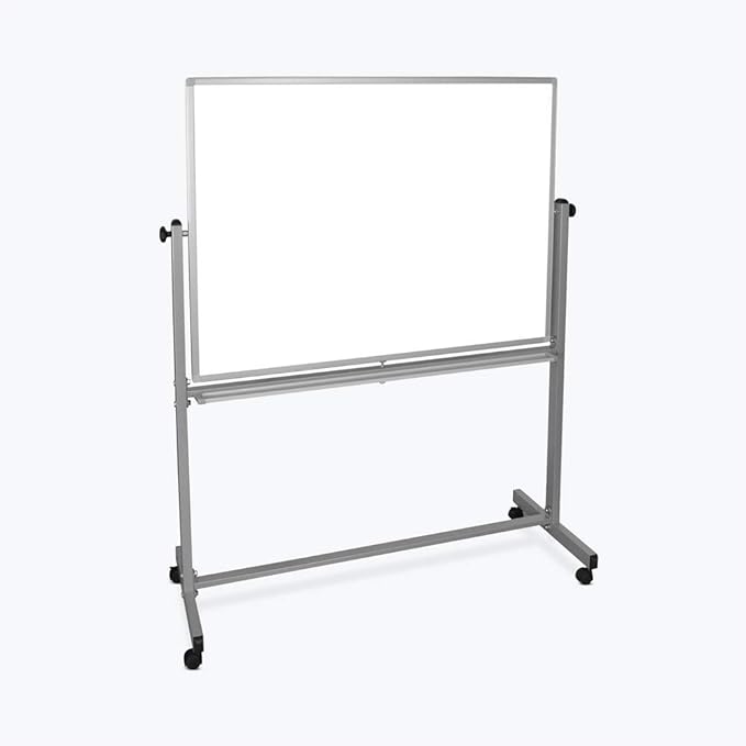 Luxor 48" W x 36" H Rolling Reversible Dry Erase Double-Sided Magnetic Whiteboard with Aluminum Frame and Marker Tray - Perfect for School, Classroom, Conference and Presentation