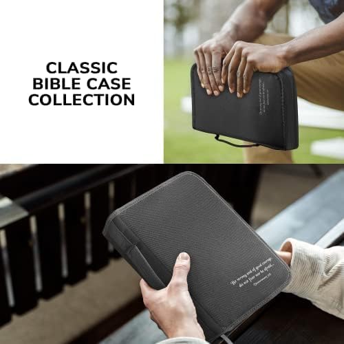 DEHITE Bible Cover Case for Men — Bible Carrying Cases for Men – Grey Large Size – Bag Fits Book 10,1 x 7 x 1.9 in – Pen Slots – Zippered Pocket – Premium Fabric – Christian Gift