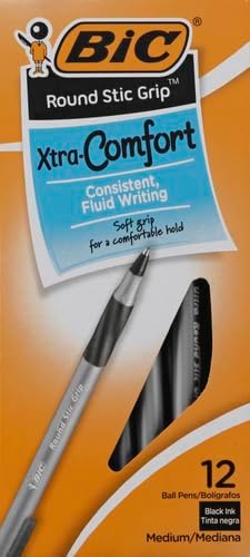 BIC Round Stic Grip Xtra Comfort Black Ballpoint Pens, Medium Point (1.2mm), Perfect Writing Pens With Soft Grip for Superb Comfort and Control, 12 Count (Pack of 2)