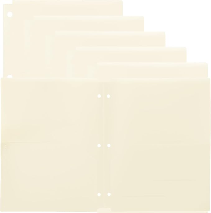 Youngever 6 Pack Heavy Duty Plastic Two Pocket Folders, Binder Dividers with Pocket, 3 Hole Punch Folder with Notches, Binder Folders (Cream)