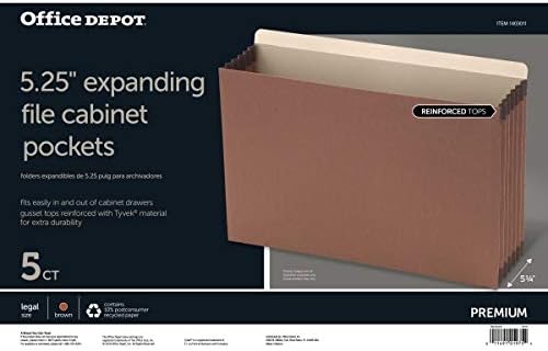 Office Depot Brand File Cabinet Pockets, 5 1/4" Expansion, Legal Size, Brown, Box of 5