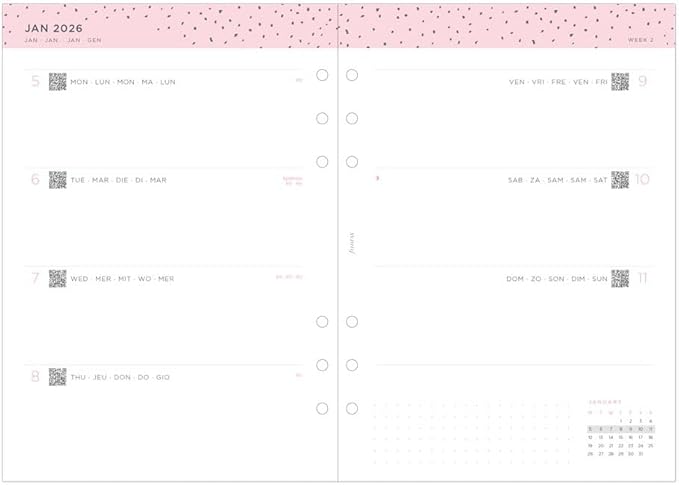 Filofax Calendar Diary Refill, A5 Size, Week-to-View, Confetti Minimal Diary Pack, Multilingual: Five Languages, 2026 (C68591-26)