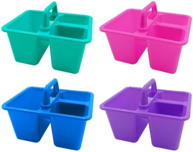 Mini Supply Caddy, School and Art Storage Organizer, 4 Pack Plastic Storage Bins in Bright Colors, Purple, Pink, Blue, Turquoise Plus Bonus Item.