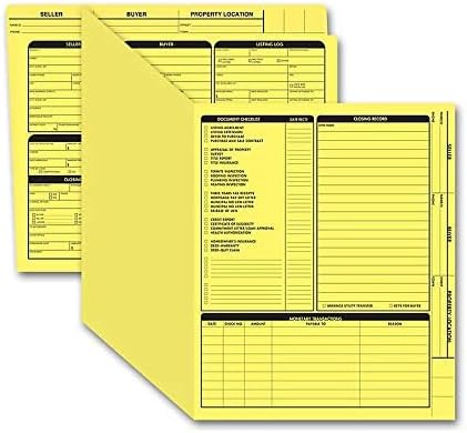 Real Estate Listing Folder - Right Panel List, Holder for Documents Pre-Printed with Closing Checklist & Tracker on Card Stock - Color Dots for Organization - Letter Size, 25-Pack - Yellow