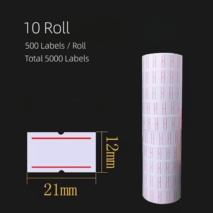 MX-5500 Price Labels, Adhesive Sticker Marker Label, 10 Rolls Sticky Paper Labels for Price and Date Guns,1 Line 5000 Labels, 1pcs Ink Roll Included (10roll Pink) (White+2 red line)