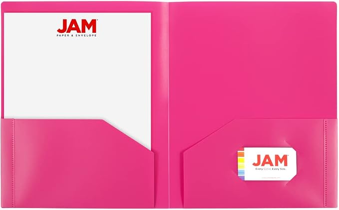 JAM PAPER Heavy Duty Plastic 2 Pocket Extra Tough School Folders - Fuchsia Hot Pink - 6/Pack