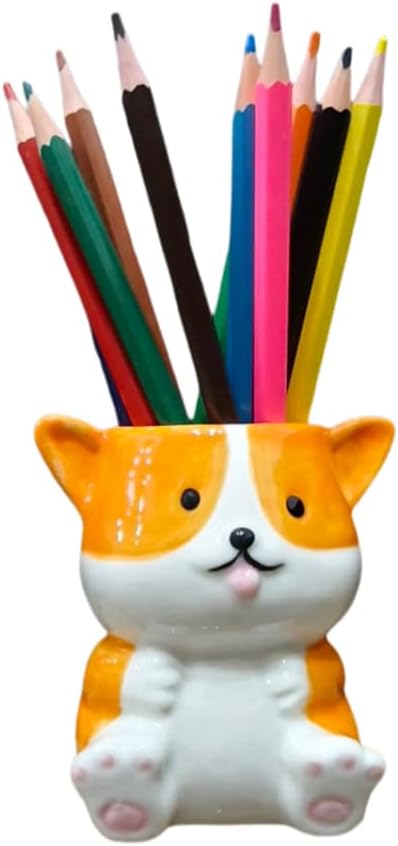 Adorable Cartoons Shaped Ceramic Pencil Holders - Multifunctional Desktop Organizers (Corgi Dog)