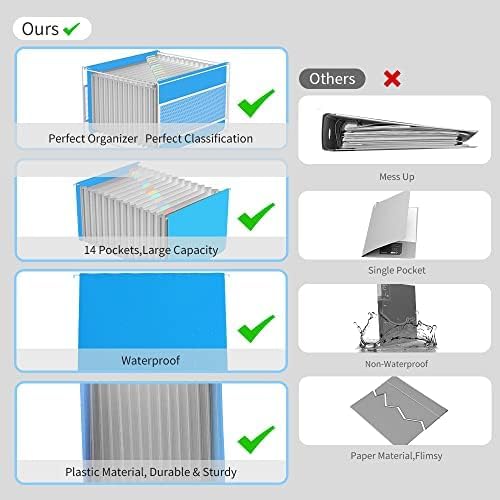 TOPCJ Plastic Expanding Hanging File Folders,12 Expandable Pockets,Multi Color Tabs,Hanging Folders for Filing Cabinet Letter Size,Office Supplies Manilla File Folders 8.5 X 11,Blue