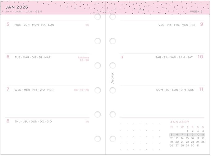 Filofax Calendar Diary Refill, Pocket Size, Week-to-View, Confetti Minimal Diary Pack, Multilingual: Five Languages, 2026 (C68291-26)