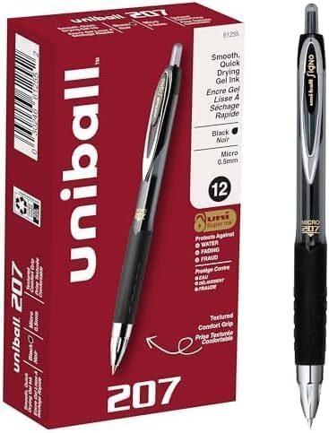 uniball 207 Retractable Gel Pens, Micro Point (0.5mm), Black, 12 Count (Pack of 12)