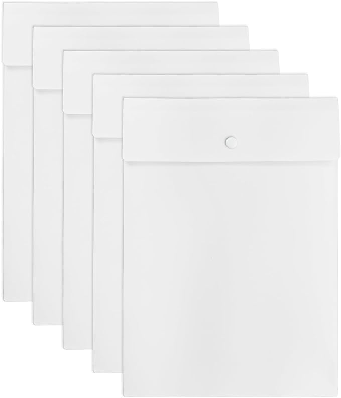 VANRA Vertical File Folders Poly Filing Envelope Plastic Project Folder with Snap Button Closure for A4 Letter Size Paper (Pack of 5, White)