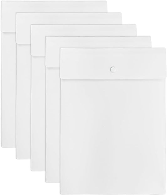 VANRA Vertical File Folders Poly Filing Envelope Plastic Project Folder with Snap Button Closure for A4 Letter Size Paper (Pack of 5, White)