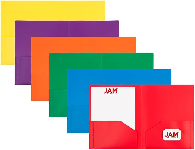 JAM PAPER Heavy Duty Plastic 2 Pocket Extra Tough School Folders - Assorted Primary Colors - 12 Folders/Pack (2 Assorted Packs of 6)
