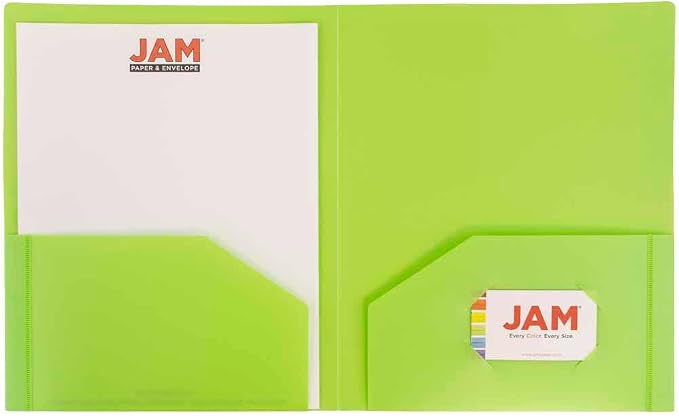 JAM PAPER Heavy Duty Plastic 2 Pocket Extra Tough School Folders - Lime Green - 24/Pack