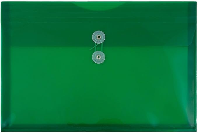 JAM PAPER Plastic Envelopes with Button & String Tie Closure - Legal Booklet - 9 3/4 x 14 1/2 - Green - 3/Pack