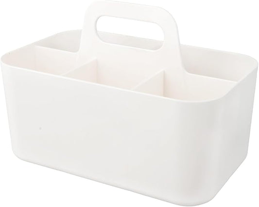Stackable Plastic Storage Bins with Removable Divider, Portable Organizer Basket with Handle for Office Desktop Supplies and Cosmetics,(White)
