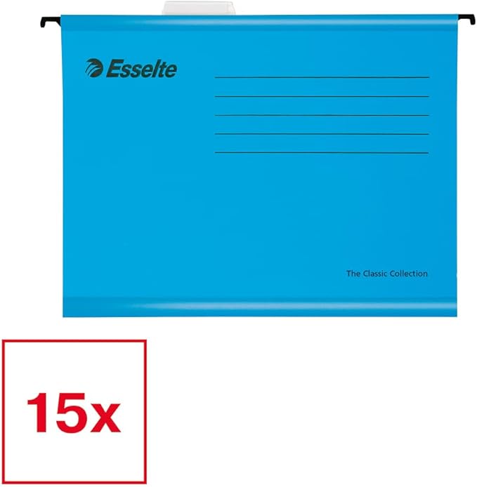 Esselte A4 Reinforced Filing Cabinet Suspension File, Pack 15, Made from Strong 100% Recycled Card, with Tabs and Card Inserts, for Home, Office, School Organisation, Blue