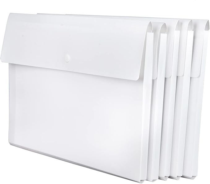 VANRA Expanding Poly File Jacket Filing Envelope File Folder Pockets Document Holder Organizer A4 Letter Size with Snap Button (White, Pack of 5)