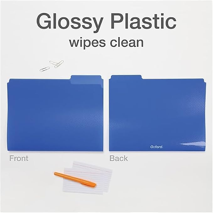 Oxford Poly File Folders, 6 Pack of Plastic File Folders, 1/3 Cut Tabs, for Letter Size Papers, Blue, Red, Orange, Light Blue, Green, Black (52004)