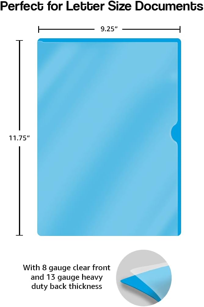 Doctor Stuff - 25 Pack L-Type Vinyl Plastic File Folders Letter Size, Light Blue Pocket Project Folders Clear Front, Documents Holder for Home, High School, Office and Medical Files
