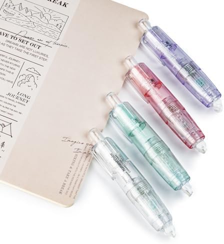 White Retractable Correction Tape, 4PCS Correction Dispensers Pre-Loaded, Cute Pull-Out Pen-Shaped Applicator, Anti-Break Tape for Office Supplies (Transparent, Green, Pink, Purple)
