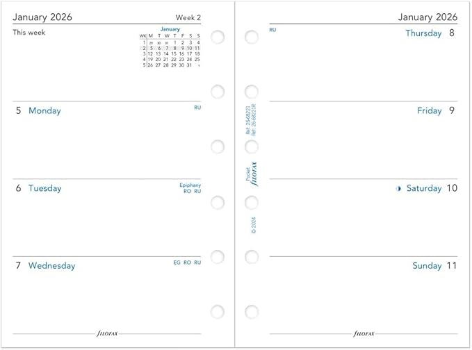 Filofax Calendar Diary Refill, Pocket Size, Week-to-View, White Paper, Unruled, English, 2026 (C68221-26)