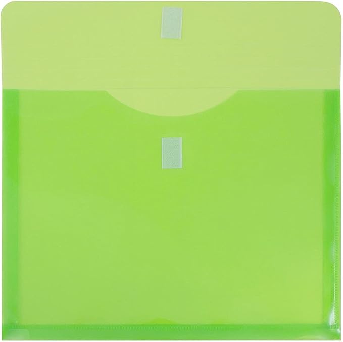 JAM PAPER Plastic Expansion Envelopes with Hook & Loop Closure - Letter Booklet - 9 3/4 x 13 with 1 Inch Expansion - Lime Green - 12/Pack