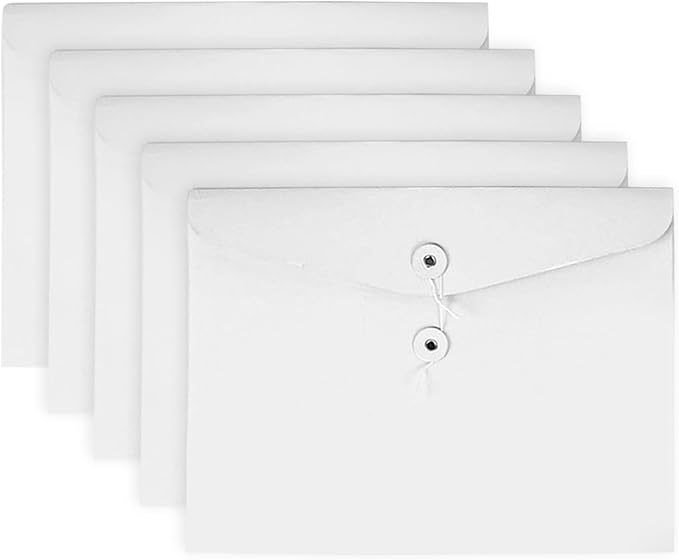VANRA Kraft String Envelope File Folder Project Pockets File Jacket Document Organizer Flat-No Expansion A4 Letter Size (White, Pack of 5)
