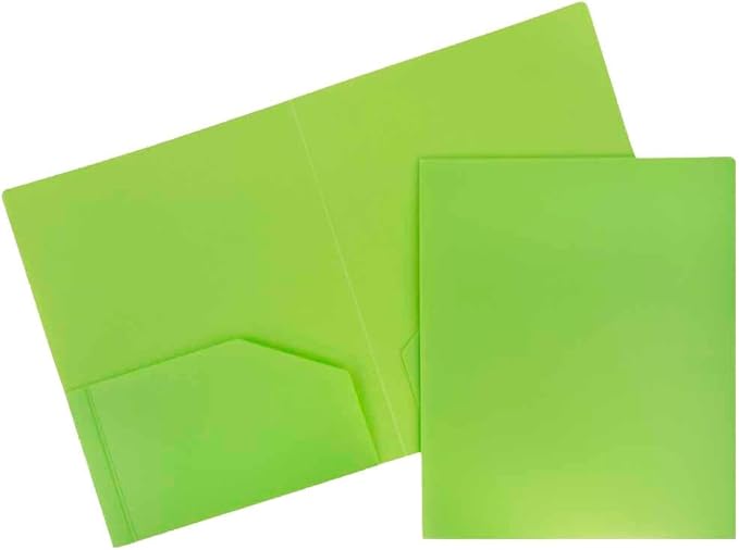 JAM PAPER Heavy Duty Plastic 2 Pocket Extra Tough School Folders - Lime Green - 12/Pack