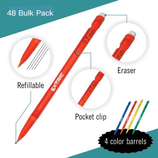 EXTRIC Mechanical Pencils 0.7mm with Erasers, Medium Point Lead, HB #2, Assorted Barrels, 48 Count Bulk Pack for Office and School Supplies