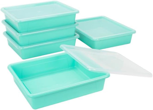 Storex Flat Storage Tray with Lid, Letter Size, 10 x 13 x 3 Inches, Teal, 5-Pack
