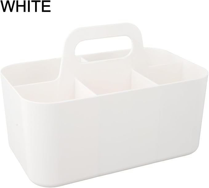 Stackable Plastic Storage Bins with Removable Divider, Portable Organizer Basket with Handle for Office Desktop Supplies and Cosmetics,(White)