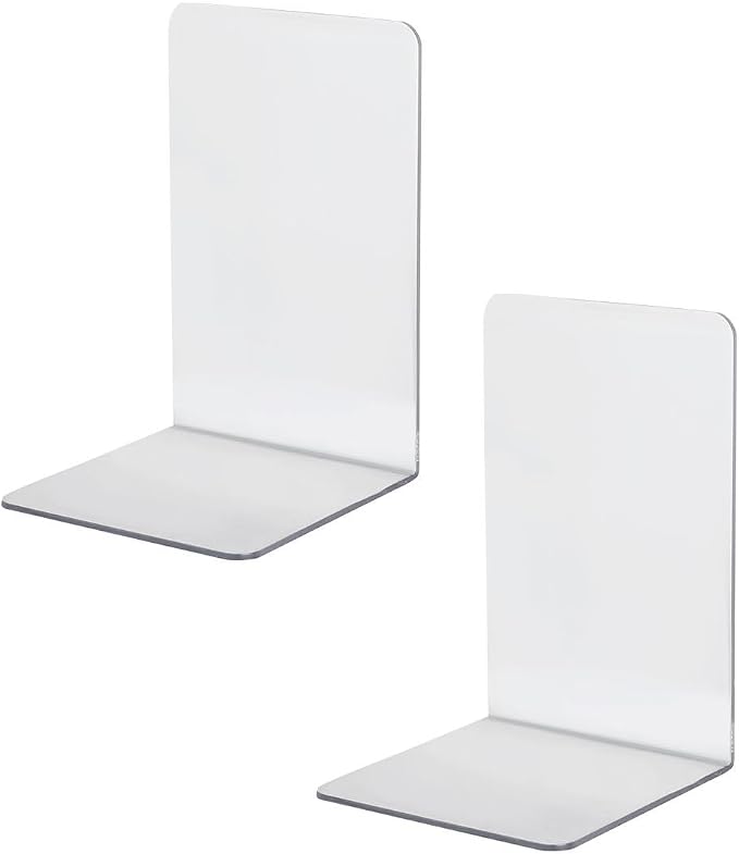 2 PCS Clear Bookends Acrylic Book Ends for Heavy Books Non Slip Book Stopper Holder Decorative Desk Shelf Organizer for Office Home School (Clear)