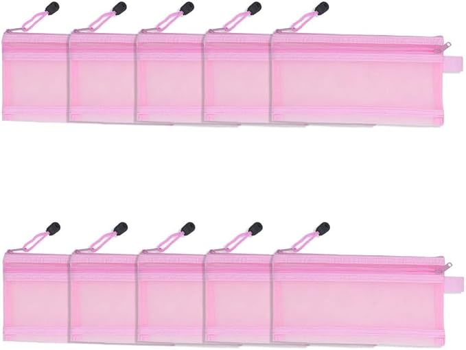 10Pcs Double Layer Mesh File Pouches – Nylon Zipper Bags for A6 Paper Storage, Organize Office Supplies Cosmetics Travel 20.5 x 12 cm(Pink)