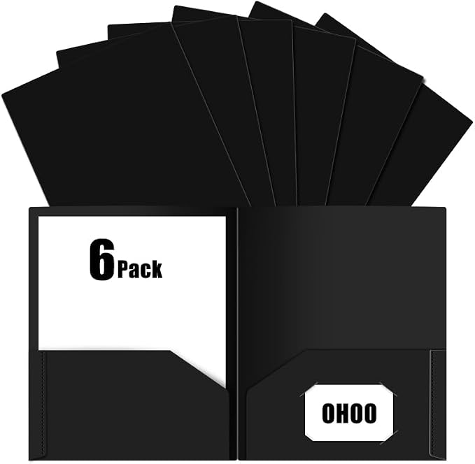 6 Pack Folders with Pockets Plastic Paper File Folder for School Office Home Business Fit Letter Size Paper Black
