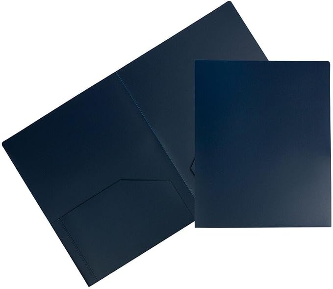 JAM PAPER Heavy Duty Plastic 2 Pocket Extra Tough School Folders - Navy Blue - 12/Pack