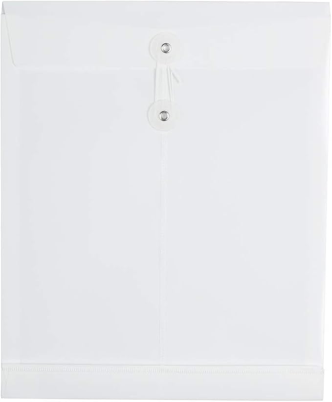 JAM PAPER Plastic Envelopes with Button & String Tie Closure - Letter Open End - 9 3/4 x 11 3/4 - White - 12/Pack