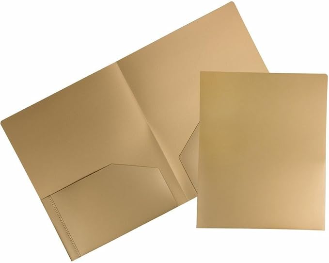 JAM PAPER Heavy Duty Plastic 2 Pocket Extra Tough School Folders - Gold - 12/Pack