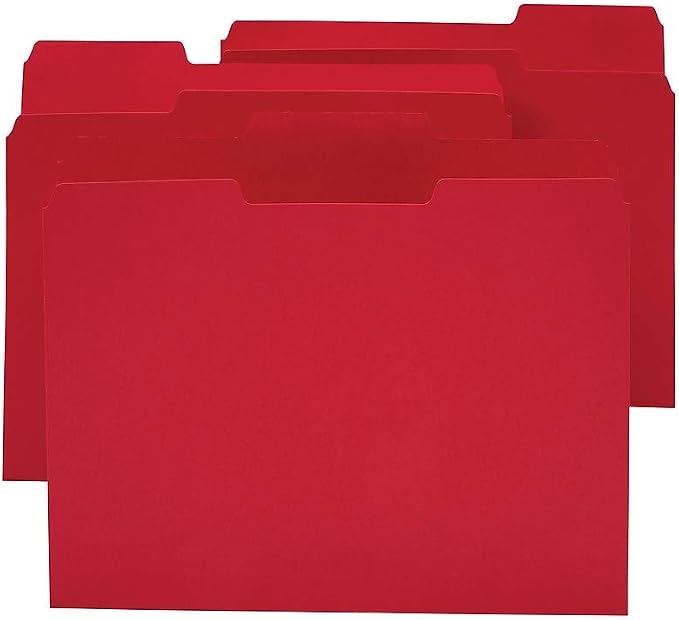 Staples Colored File Folders, Letter Size, 3‑Tab Top‑Tab Design, Red, Durable Paper Stock, 24/Pack