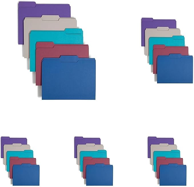 Smead Standard File Folders, 100 Count, Assorted Jewel Tone Colors, 1/3-Cut Tabs, Letter Size (11948) (Pack of 5)