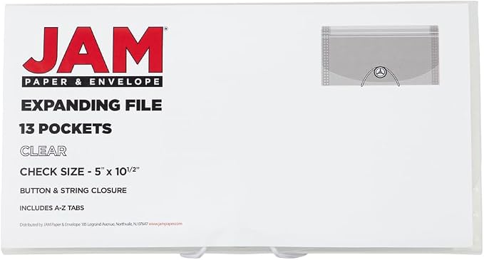 JAM PAPER Accordion Folders - 13 Pocket Plastic Expanding File - Check Size - 5 x 10 1/2 - Clear - 2/Pack