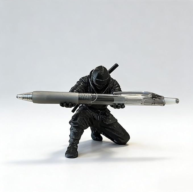 Ninja Warrior Pen Holder, Desktop Organizer Figurine, Black Samurai Desk Accessory with Sword